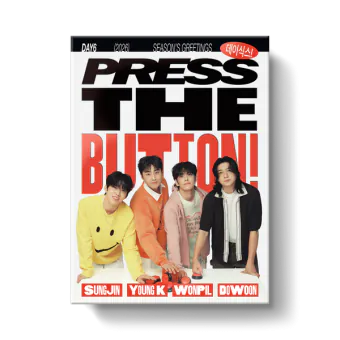 DAY6 2026 Season’s Greetings Press The Button contents — includes desk calendar, diary, photocards, and polaroids