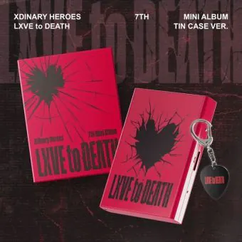 محتويات ألبوم Xdinary Heroes — LXVE to DEATH نسخة Tin Case: تين كيس، فوتوكاردات، صور بولارويد وفيلم فوتو